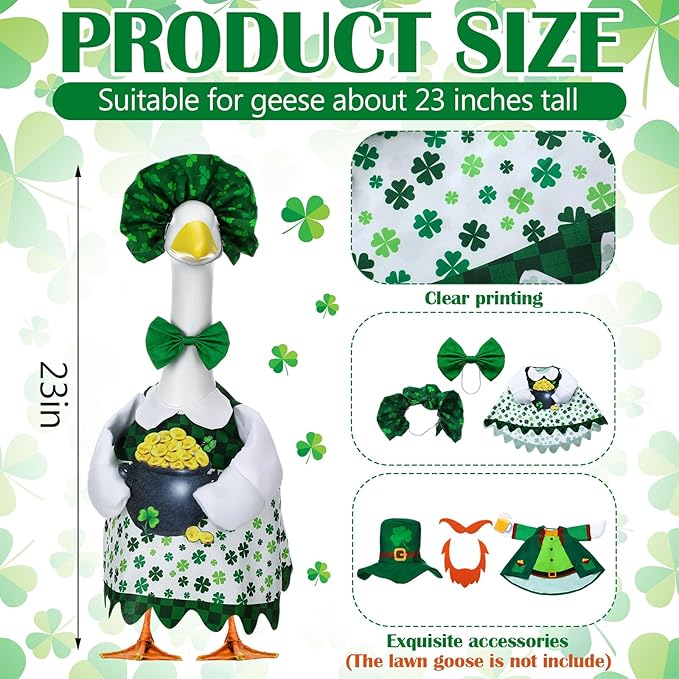 Abbylike 2 Sets St Patrick's Day Porch Goose Outfit Lucky Leprechaun Shamrock Goose Clothes Costume with Mini Black Candy Cauldron Clover for 23" Statue Saint Patty's Day Outdoor Patio Yard Lawn Decor