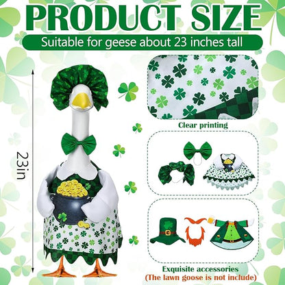 Abbylike 2 Sets St Patrick's Day Porch Goose Outfit Lucky Leprechaun Shamrock Goose Clothes Costume with Mini Black Candy Cauldron Clover for 23" Statue Saint Patty's Day Outdoor Patio Yard Lawn Decor