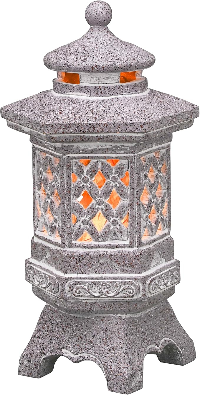 TERESA'S COLLECTIONS Pagoda Garden Statues with Solar Outdoor Light, Resin Zen Garden Lantern Asian Decor Outdoor Statues Lawn Ornaments Patio Porch Yard Decor Gifts for Dad 8.3'' (Stone Finish)
