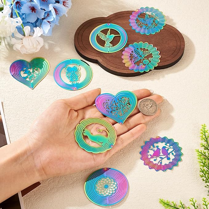 9Pcs Animal Wind Spinners Outdoors Assorted Stainless Steel Wind Sculpture Spinner for Garden Outside Hanging Decor Gradient Etched Metal Embellishments for Garden Yarn Home Decor