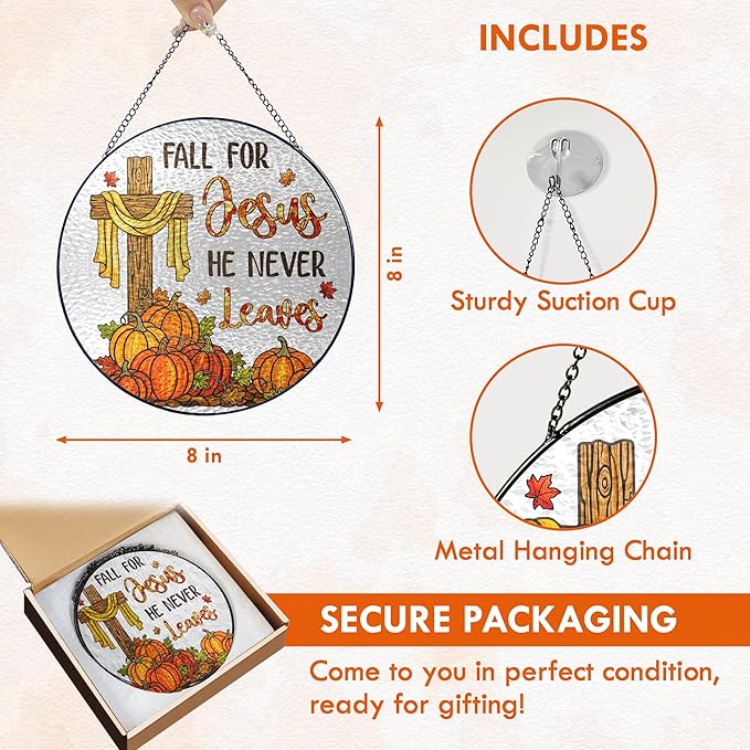 FLAGWIX Fall Decorations for Home - Stained Glass Window Hanging 8in - Christian Sun Catchers Indoor Window, Fall Gifts for Women Men, Thanksgiving Decorations Sun Catcher, Christian Gifts for Mom Dad