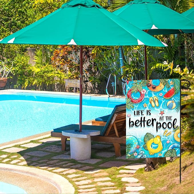 Summer Garden Flags for Outside, LIFE IS BETTER AT THE POOL Small Seasonal Decoration for Farmhouse Holiday Yard Outdoor Decor 12x18 Inch Double Sided