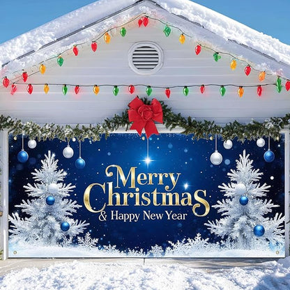 IVN Christmas Garage Door Cover Decoration 13x6ft Blue Night Sky White Trees Gold Lettering Ornaments Merry Christmas Winter Garage Door Banner Home Door Front Yard Decor for Xmas Eve Holiday Outdoor