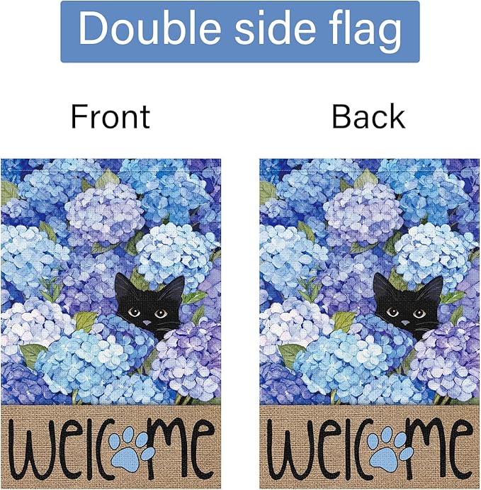 Louise Maelys Spring Summer Garden Flag Black Cat Hydrangea Flower Welcome Double Sided 12x18 Inch Floral Paw Print Seasonal Small Burlap Holiday Yard Outdoor Outside House Decor