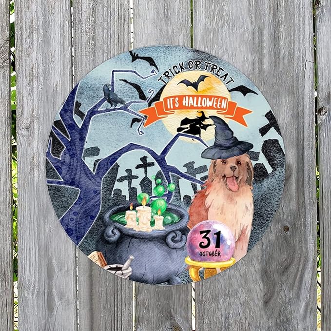 Retro Metal Sign 12"x12",Happy Halloween Scary Night Grave Witch Bats Trick Or Treat Dog Aluminum Tin Metal Sign for Home Living Room Bedroom Garden Farm Patio Decor Wall Art Poster