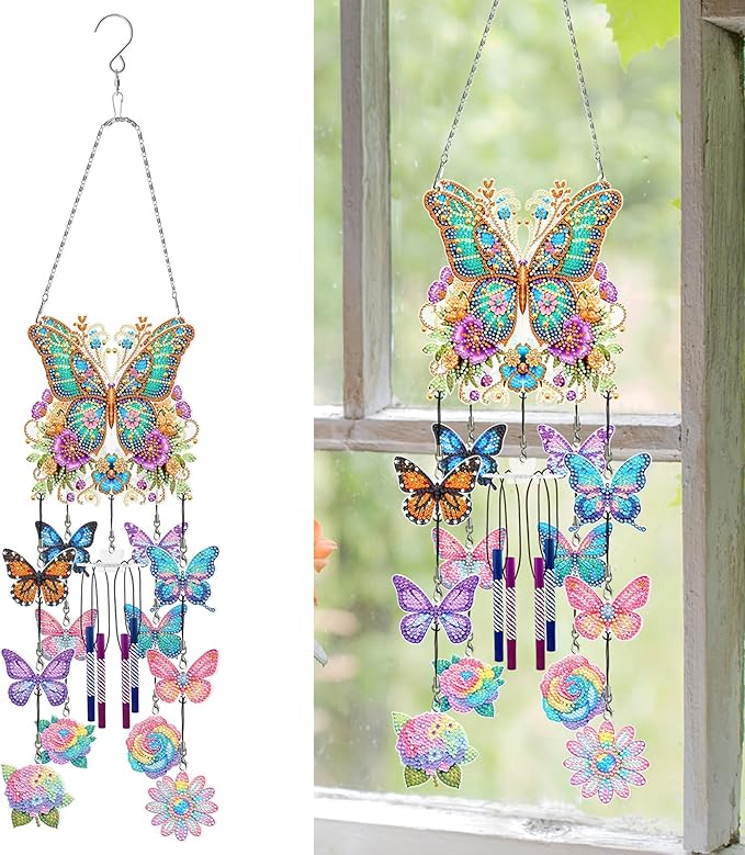 DIY Wind Chime Pendant Spring 3D Diamond Art Painting Hanging Ornament Double Sided Diamond Suncatchers for Window Home Backyard Garden Wall Door Decor (Butterfly04)