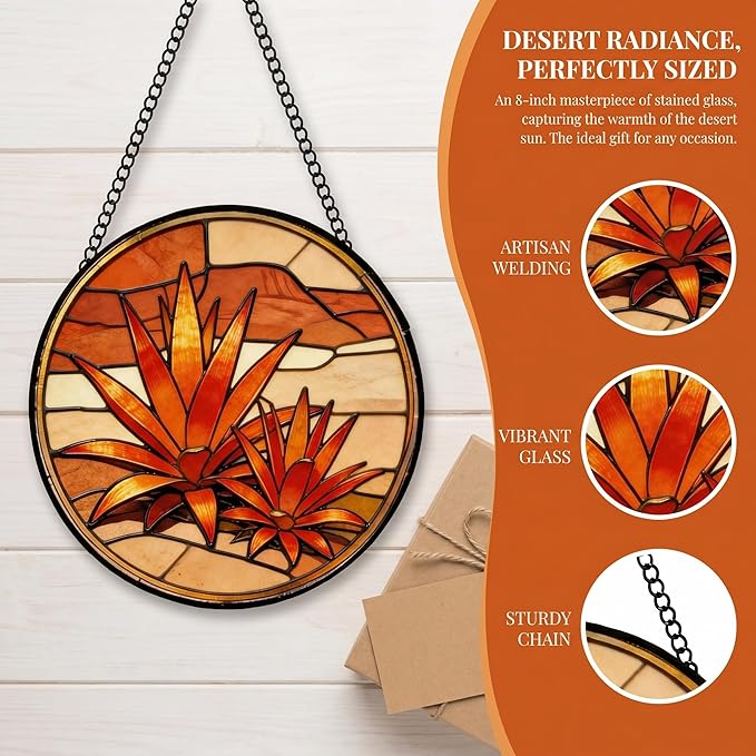 Stained Glass Window Hanging Golden Agave Suncatcher 8 Inch,Agave Plant Glass Art Desert Home Decor, Indoor Outdoor Wall Art, Birthday for Women Men