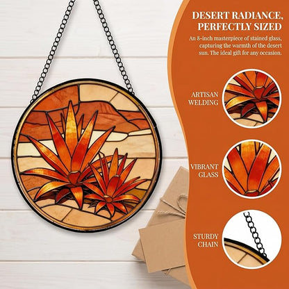 Stained Glass Window Hanging Golden Agave Suncatcher 8 Inch,Agave Plant Glass Art Desert Home Decor, Indoor Outdoor Wall Art, Birthday for Women Men