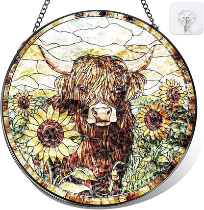 Highland Cow Stained Glass Window Hanging Sunflower Cow Western Style Suncatcher Rustic Farmhouse Window Hanging Decor for Home Garden Gift