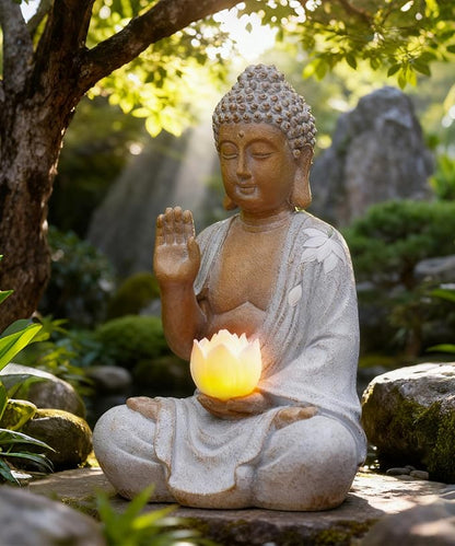Nacome Solar Buddha Garden Statues with Lotus Flower: Resin Zen Decor Waterproof Sculpture Outdoor Light Design for Outside Patio Lawn Yard Balcony - 10.6 inches(White)