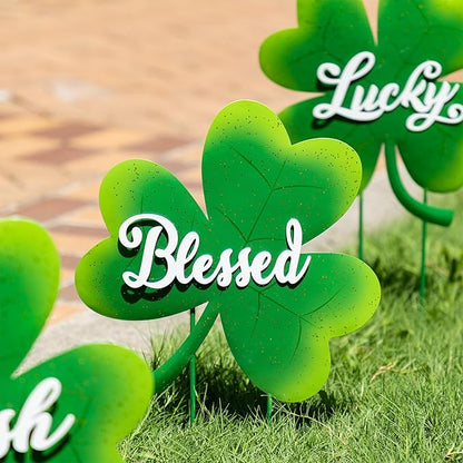 Glitzhome St Patricks Day Yard Signs Outdoor Decorations, 36.75"H Metal Shamrock Garden Stakes Set of 3, Green Shamrock Sign Decor for Irish Outside Lawn Porch
