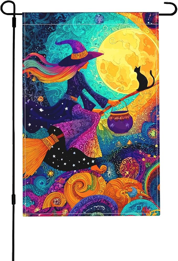 Witch Moon Cat Garden Flag Seasonal Double Sided 12 x 18 Inch Small Yard Flag for Indoor Outdoor Decor Holiday All Seasons