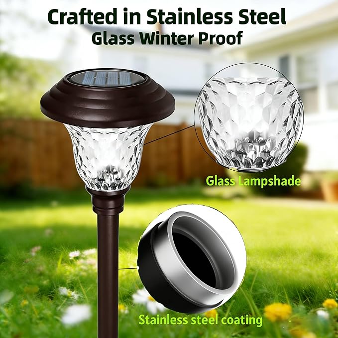 BEAU JARDIN 8 Pack Solar Pathway Lights White+Color Changing Stainless Steel 3 Mode Outdoor Multicolor Metal Solar Powered Waterproof Glass for Garden Landscape Path Yard Walkway Driveway Bronze