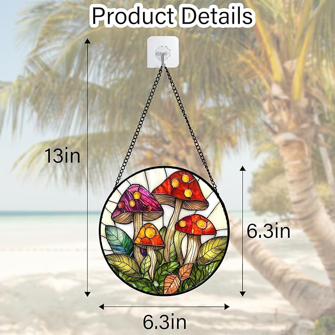 DASTOLL Stained Glass Window Hanging, Mushroom Leaves Suncatcher for Doors Home Sun Catchers Decoration and Christmas, Mother's Day Birthday Gifts for Women, Men, and Mom 11.8x11.8 in