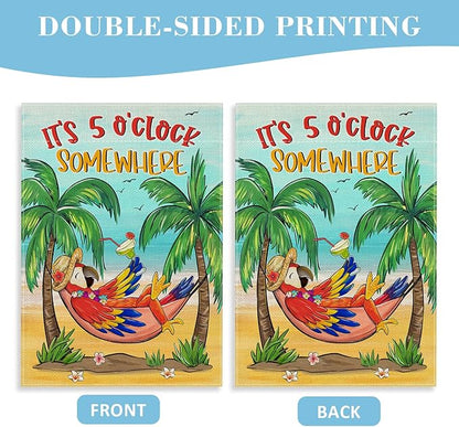 Welcome Summer Parrot Bird Decorative Garden Flag, It's 5 O'clock Somewhere Beach Coastal Tropical Palm Tree Yard Outside Decoration, Hawaii Nautical Outdoor Small Home Decor Double Sided 12x18