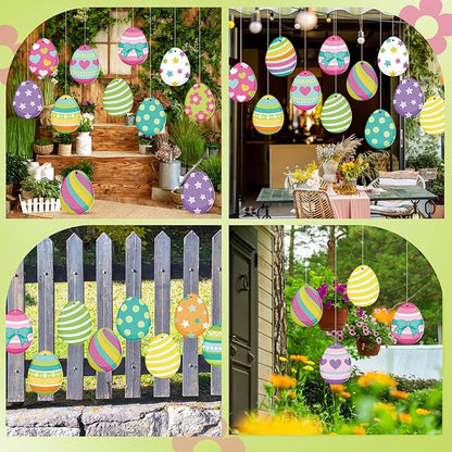 Ferraycle 16 Pcs Easter Decorations Outdoor Easter Eggs Hanging Yard Signs 7.9 Inch Large Colorful Egg Shaped Double Sided Plastic Slices Ornaments for Tree Porch Yard Outside Party Decor(Vibrant Egg)
