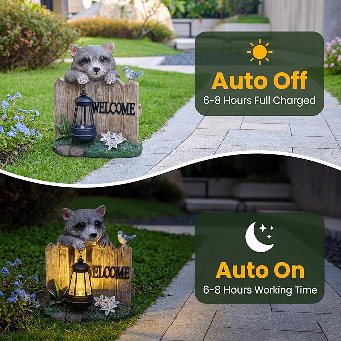 Solar LED Garden Statue with Raccoon and Welcome Sign, Outdoor Decorative Lantern with Bird and Flowers for Porch, Patio or Yard