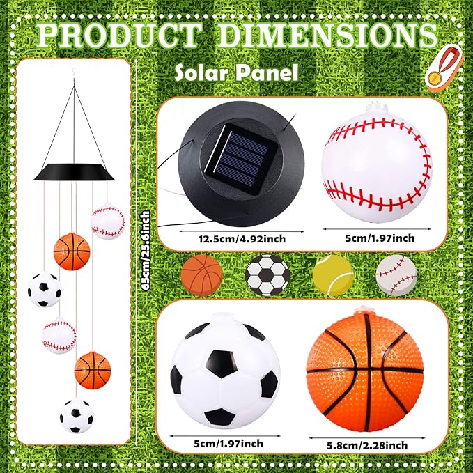 GlikCeil Sports Ball Solar Wind Chimes 27.5inch Sports Decorations Outside Waterproof Hanging LED for Yard, Porch, Patio, Party, Color Changing Lights