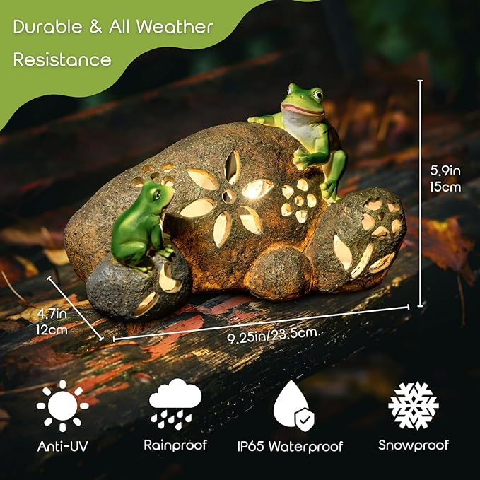 Solar Frogs Garden Statues Frog on Stone Figurine with LED Lights Outdoor Porch Patio Lawn Yard Art Home Decoration Christmas Birthday Housewarming Gifts for Mom Women