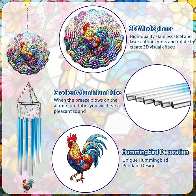 Rooster Hanging Wind Chime for Outside - Stainless Steel Wind Sculpture Chicken Wind Spinners Outdoor Farmhouse Art Ornaments with Card for Garden Yard Balcony Patio Lawn Decorations