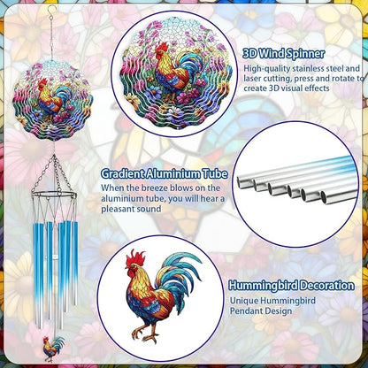 Rooster Hanging Wind Chime for Outside - Stainless Steel Wind Sculpture Chicken Wind Spinners Outdoor Farmhouse Art Ornaments with Card for Garden Yard Balcony Patio Lawn Decorations