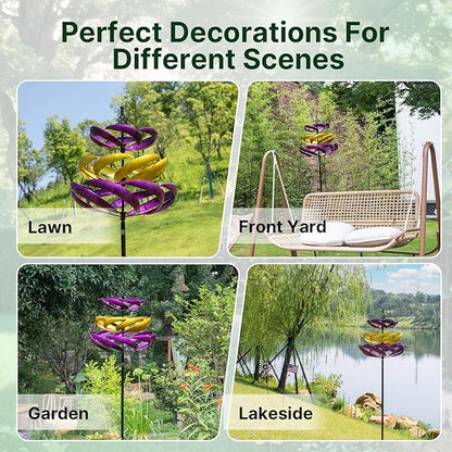 A ANLEOLIFE Wind Spinners Outdoor, 77" Large Metal Kinetic Wind Sculptures for Garden, 360 Degrees Swivel Yard Art with Welcome Sign and Flag Decoration