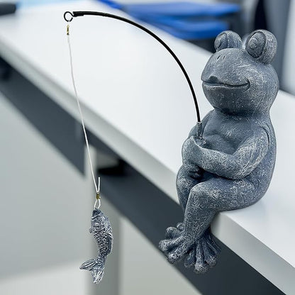 9.5" Fishing Frog Stone Look Sculpture, Whimsical Lawn Yard Art, Funny Garden Pond Fisherman Statue, Resin Animal Decorative Figurine, Ideal for Frog Fishing Lovers