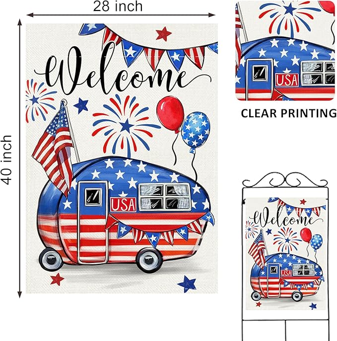Welcome 4th of July Camping Patriotic Decorative House Flag, America Camper RV Stars Stripes Garden Yard Outside Decorations, American USA Campsite Outdoor Large Home Decor Double Sided 28 x 40