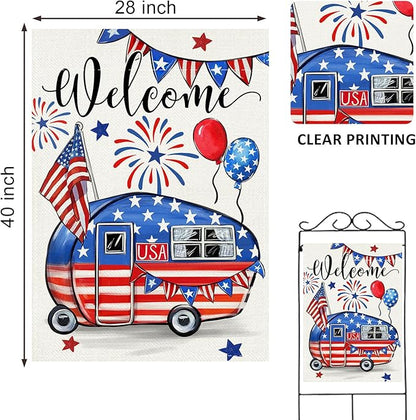 Welcome 4th of July Camping Patriotic Decorative House Flag, America Camper RV Stars Stripes Garden Yard Outside Decorations, American USA Campsite Outdoor Large Home Decor Double Sided 28 x 40
