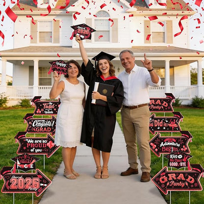Class of 2026 Graduation Yard Sign Arrow for Outdoor Pathway,Graduation Cap Hanging Yard Signs,Black Red This Way Yard Signs with Stakes Ribbon,Graduation Party Decor for College High School