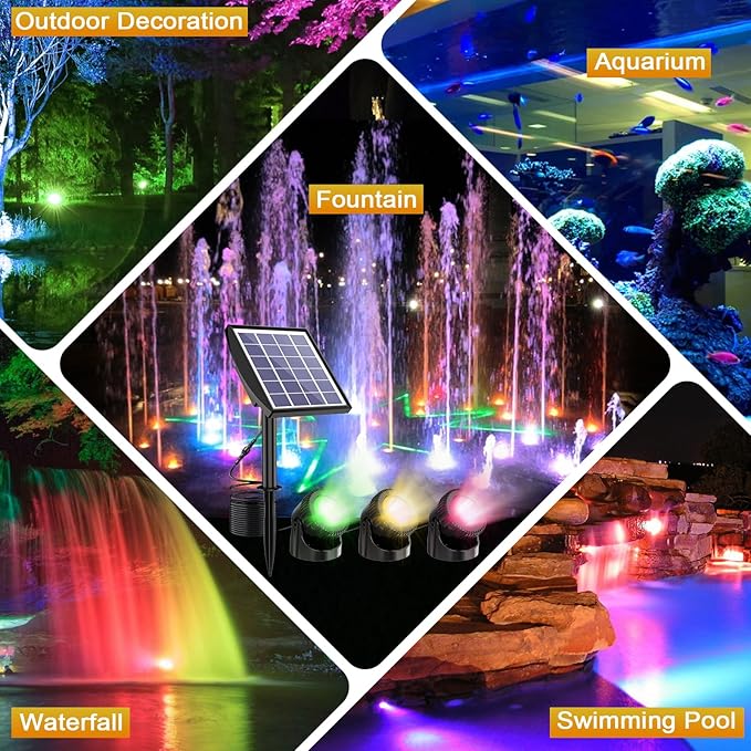 RGB Solar Pond Lights LED Underwater, 13 Lighting Modes Submersible Pond Lights, Smart Auto ON/Off Color Changing Landscape Spotlights with IP68 Waterproof for Outdoor Ponds Garden Patio Decor
