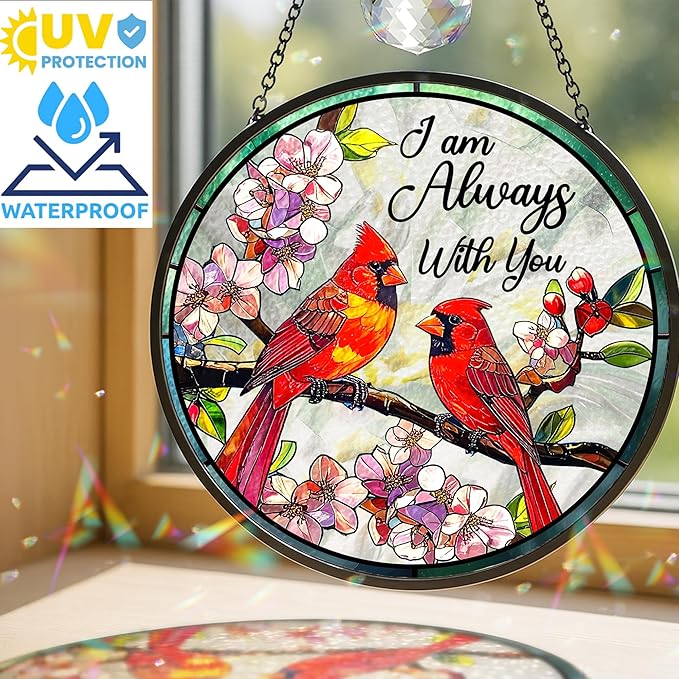 Cardinal Suncatcher Memorial Stained Glass for Window Hanging, Red Cardinal Im Always with You Sympathy Gift, Stained Glass Red Bird Remembrance Ornament for Mom, Grandpa, Loved One