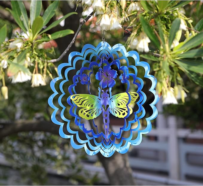Kinetic 3D Metal Dragonfly Wind Spinner Hanging Ornament Worth Gift for Home and Garden - 12inch Dragonfly Mandala Kinetic Hanging Whirligigs Sun Catcher Windmills