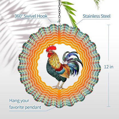 Chicken Wind Spinners Garden Decor as Birthday Gifts for Women Mom,12 inch 3D Stainless Steel Hanging Wind Spinner Metal Catchers Kinetic Sculpture for Outdoor Decor, Patio,Yard Decorations