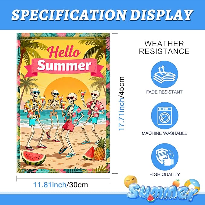 BlissYard Hello Summer Skeleton Garden Flag 12x18 Double Sided Vertical Outdoor Decor Tropical Beach Skull Banner Colorful Vacation Yard Garden Lawn Welcome Display