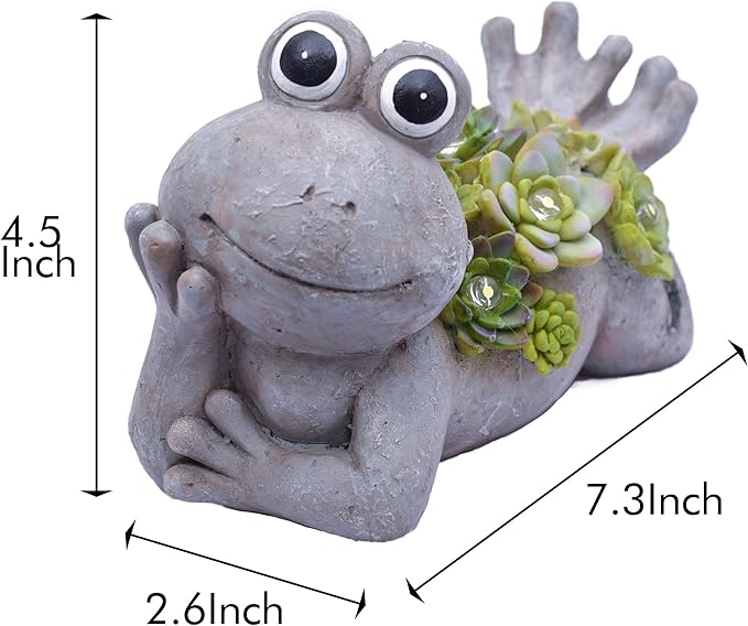TERESA'S COLLECTIONS Frog Garden Decor with Solar Light for Outdoor Statues,Adorable Lying Frog Resin Lawn Ornaments Resting Animal Succulent Stone Figurines for Porch Patio Gifts for Mom Dad,7.3"