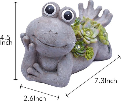 TERESA'S COLLECTIONS Frog Garden Decor with Solar Light for Outdoor Statues,Adorable Lying Frog Resin Lawn Ornaments Resting Animal Succulent Stone Figurines for Porch Patio Gifts for Mom Dad,7.3"