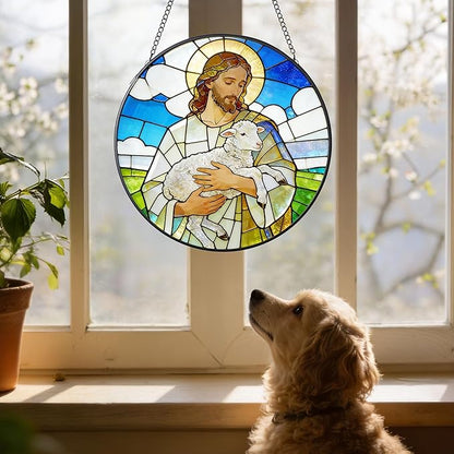 Stained Glass Window Hanging 7.9'' Jesus and Sheep Sun Catchers Stained Glass Suncatcher for Windows He is Risen Resurrection of Jesus Gift for Religious Christian Gifts Home Decor
