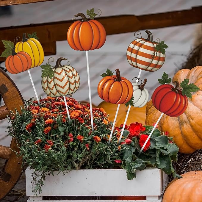 Shimeyao 6 Pcs Metal Thanksgiving Fall Pumpkin Garden Stakes Harvest Metal Garden Signs 12 Inch Pumpkin Autumn Yard Stakes Outdoor Decor for Home Lawn Porch Holiday Front Backyard
