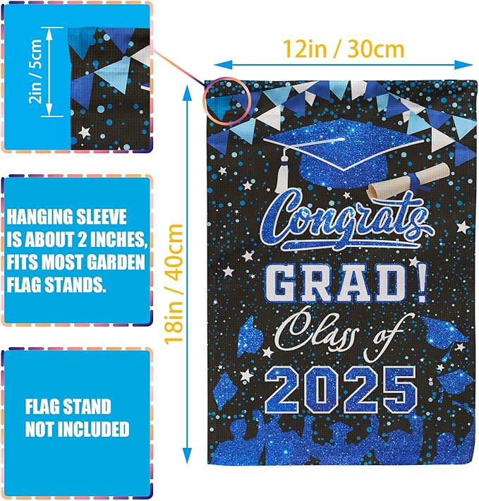 PAMBO Graduation Garden Flag Class of 2025, Blue Congrats Grade Flag for Outside Hanging Decors 12x18 Inch Burlap