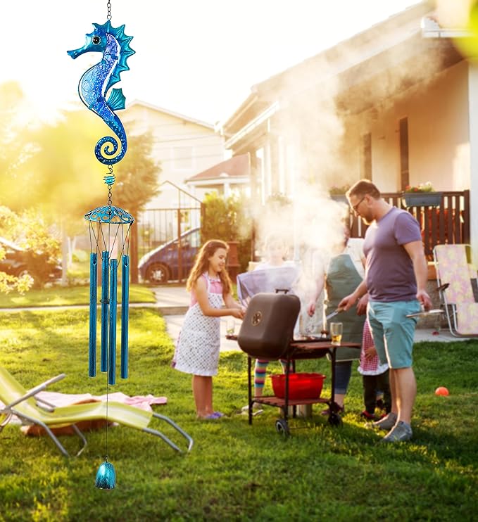 CoTa Global Blue Seahorse Wind Chime - Handcrafted Glass and Metal Chime - Hanging Seahorse Decoration for Indoor and Outdoor Spaces, Hanging Ocean Animal Windchime Decor Gift - 35 Inches