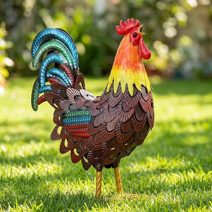 Zhengmy Metal Rooster Garden Statue Lifelike Colorful Metal Rooster Yard Decor Hand-Painted Iron Chicken Sculpture for Patio Lawn Backyard Farmhouse Outdoor Indoor Decoration(Reddish Brown)