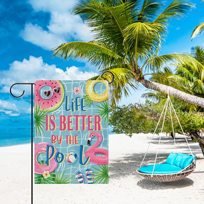Dyrenson Summer Life is Better by The Pool Decorative Garden Flag, Flamingo Swim Rings Tropical Palm Leaves Yard Outside Home Decoration, Flip Flops Ball Outdoor Small Decor Double Sided 12 x 18