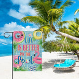 Dyrenson Summer Life is Better by The Pool Decorative Garden Flag, Flamingo Swim Rings Tropical Palm Leaves Yard Outside Home Decoration, Flip Flops Ball Outdoor Small Decor Double Sided 12 x 18
