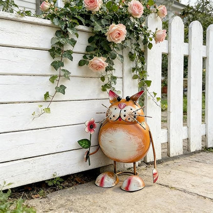 Rustic Cat-Shaped Iron Statue – Colorful Metal Animal Figurine for Indoor & Outdoor, Small 3D Iron Garden/Tabletop Decor, for Home Patio
