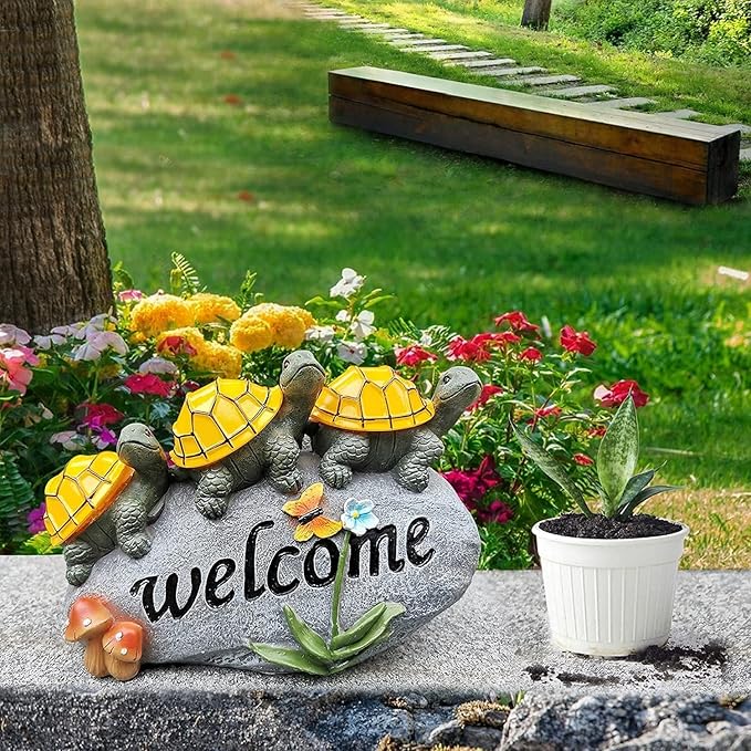 shumi Solar Garden Statue Turtle Outdoor Lights -Welcome Turtles on a Rock Solar Powered LED Outdoor Garden Ornaments，for Indoor Outdoor Yard Statue Decoration，Thanksgiving Christmas 1 Pack