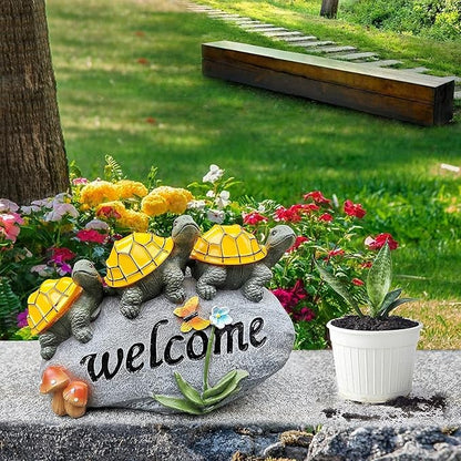 shumi Solar Garden Statue Turtle Outdoor Lights -Welcome Turtles on a Rock Solar Powered LED Outdoor Garden Ornaments，for Indoor Outdoor Yard Statue Decoration，Thanksgiving Christmas 1 Pack
