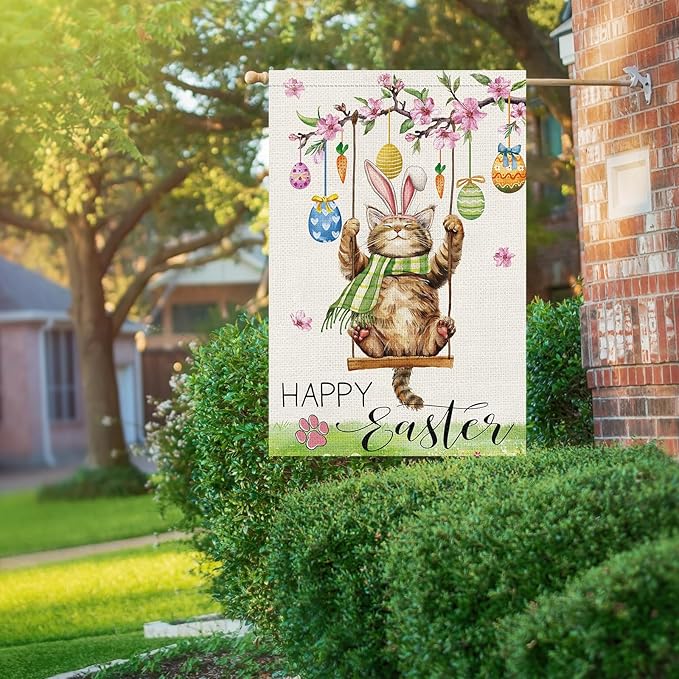 Heyfibro Happy Easter Cute Cat Garden Flag 28x40 Double Sided Burlap, Spring Summer Magnolia Flower Easter Egg Small Yard Banner for Seasonal Holiday Farmhouse Yard Outdoor Decor(ONLY FLAG)