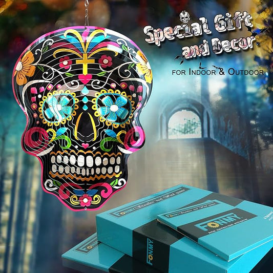 FONMY Kinetic 3D Metal Garden Wind Spinner Unique Gifts Outdoor Decorations Quality Hanging Ornament for Home and Garden 12inch Mandala Black Sugar Skull Wind Spinners