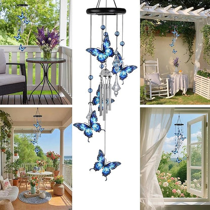 YU FENG Butterfly Memorial Wind Chime with Crystal Suncatcher – 27 Inch Outdoor Wind Chimes for Garden, Blue Butterfly Sympathy Gift for Loss of Loved One, Remembrance Decor for Yard, Patio, Mom